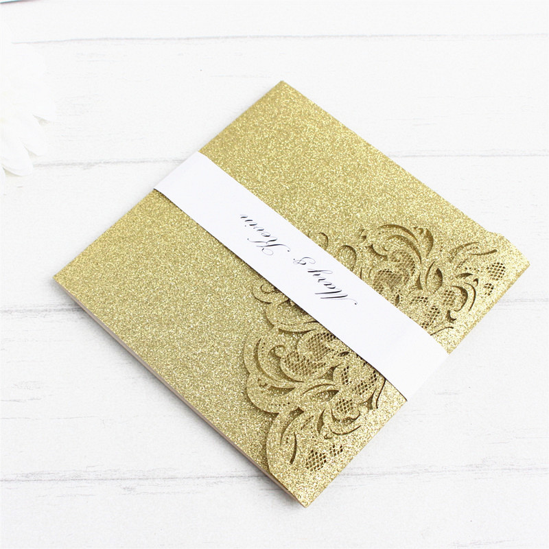

Gold glitter wedding invitation with RSVP envelop belly band pocket fold invitations wedding decoration supply offer printing