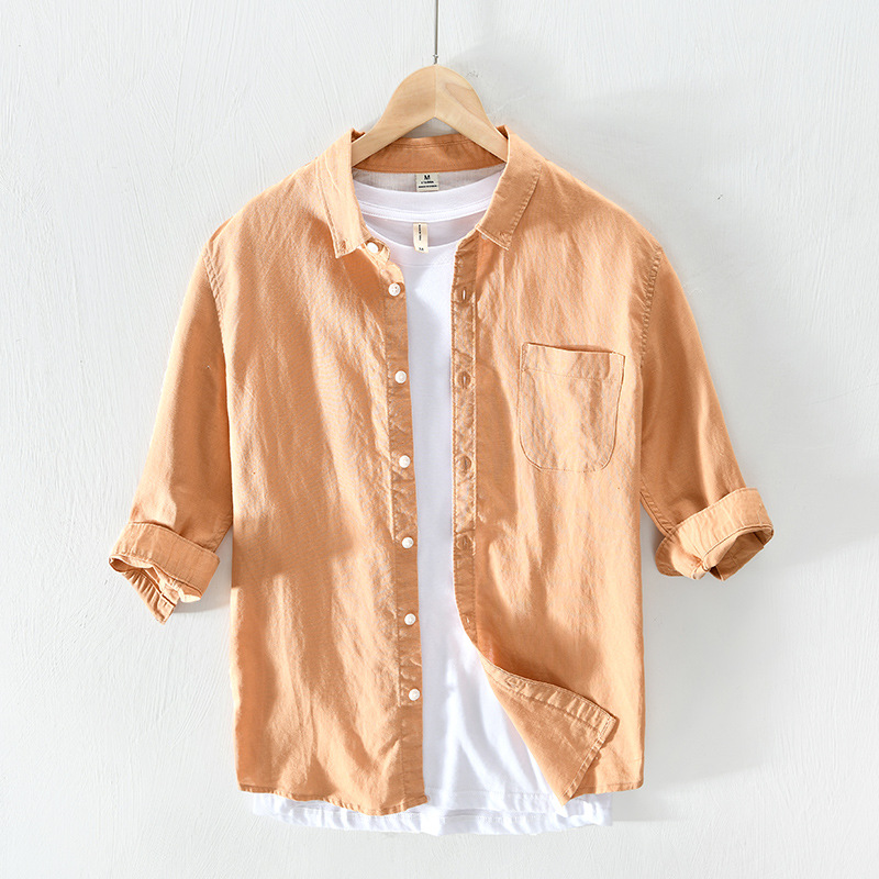 

2020 New Men's Solid Color 7 Points Arm Hugh Linen Free Shirt Youth Lapel Breathable and Comfortable Shirt, Orange