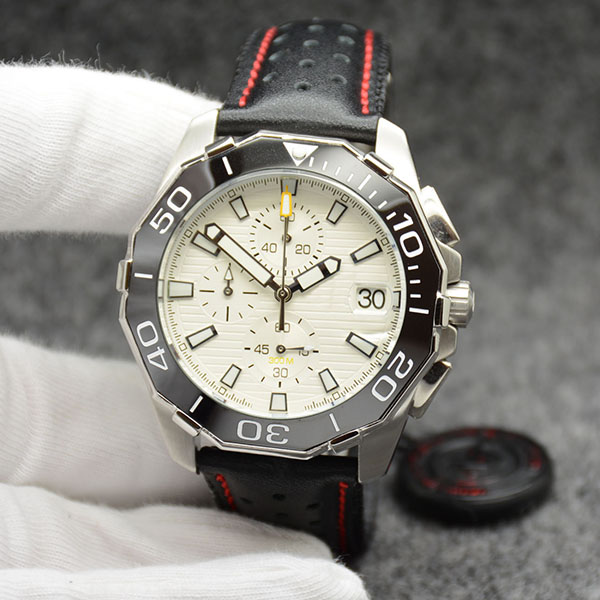 

T-1359 Man Wristwatches 44MM Case Diameter Quartz Battery Stopwatch Mens Watches White Dial Ceramic Bezel Watch With Black Leather Strap