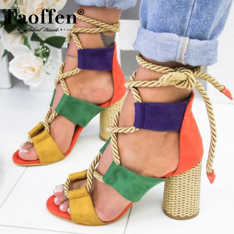 

TAOFFEN Summer Square Heel Women Sandals 7CM Heel Peep toe Shoes Women Lace Up Fashion Platform Footwear Size 35-43, Blue 1