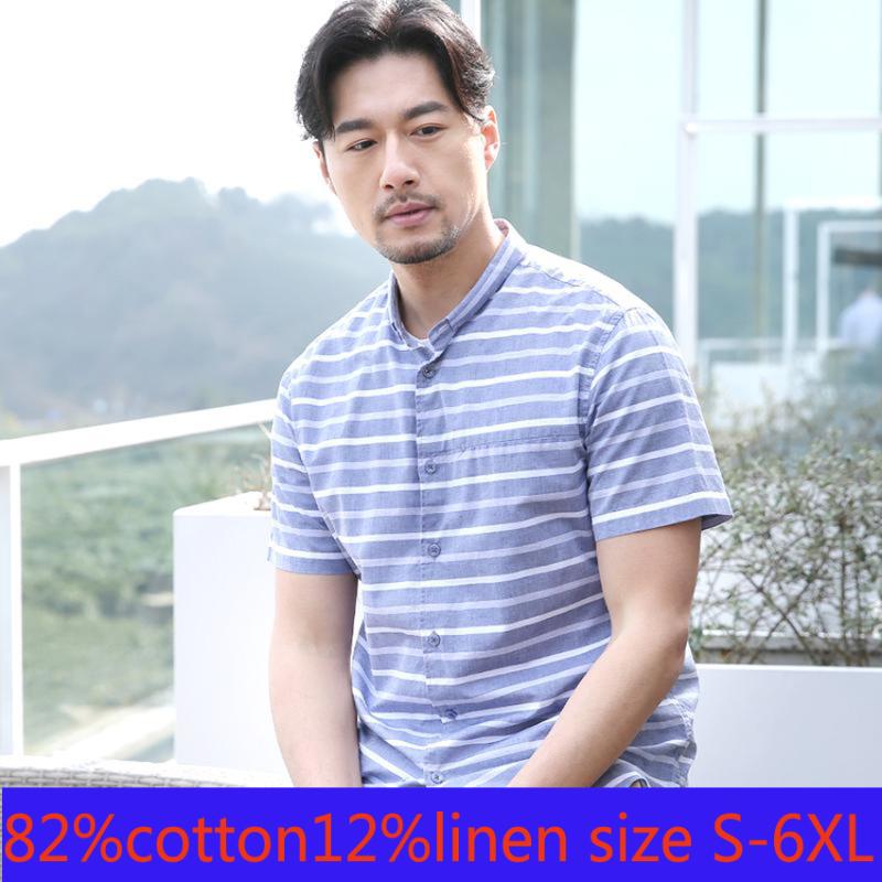 

New High Quality Fashion Spring Summer Cotton Stripe Short Sleeve Men Large Loose Fashion Casual Shirts Plsu Size -5XL 6XL, Tm22