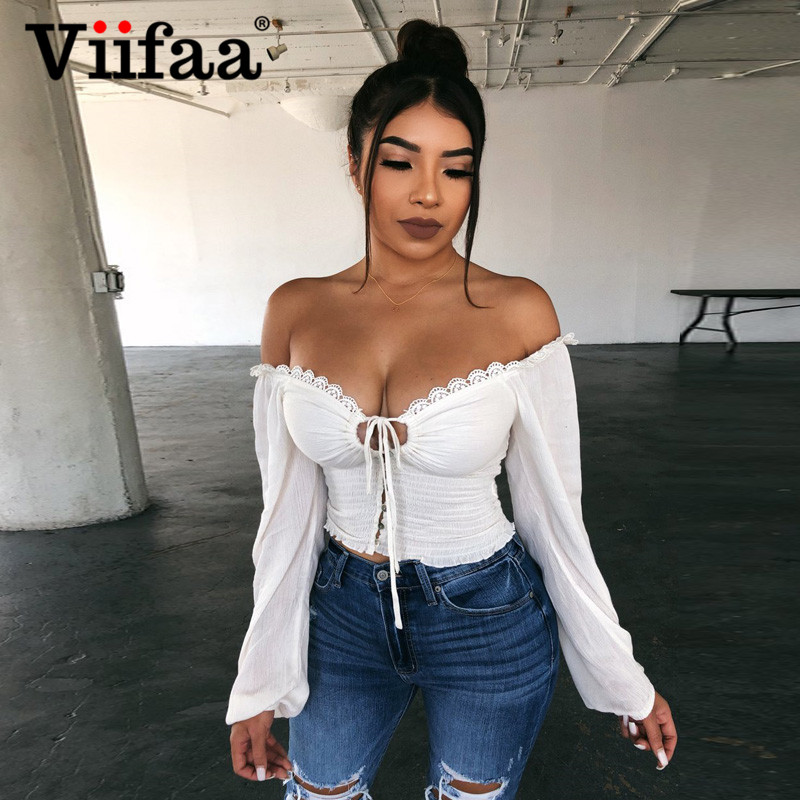 

Viifaa Lace Insert White Tie Front Frilled Long Sleeve Shirred Crop Blouses Women Button Off Shoulder Sexy Streetwear Tops, Black