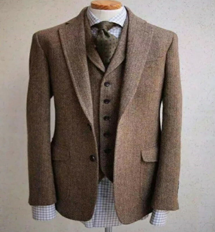 

Latest 2020 Italian Style Suits For Men Vintage Wool Herringbone Classic Suits Three Pieces Two Buttons Notch Lapel Mens, Custom made