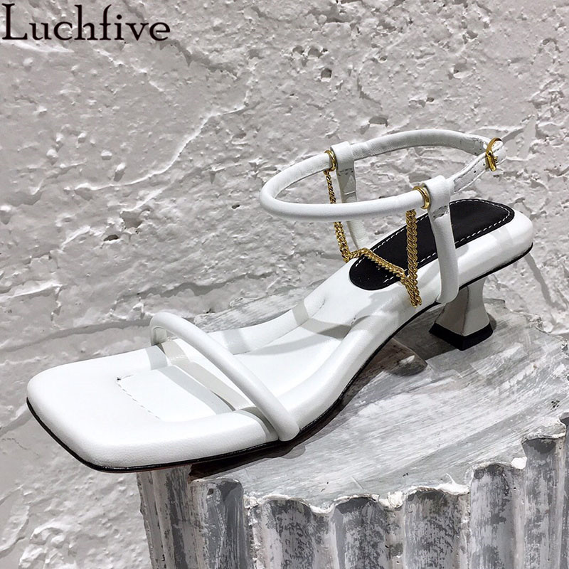 

Open Toe One Belt Women Sandals Chains Kitten Heels Shoes Woman Buckles Outwear Summer White Party Shoes, Gold