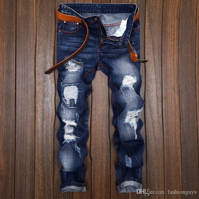 

New fashion cracked Jeans Men breaking hole tide male straight jeans do the old personality original cowboy Young men, Black