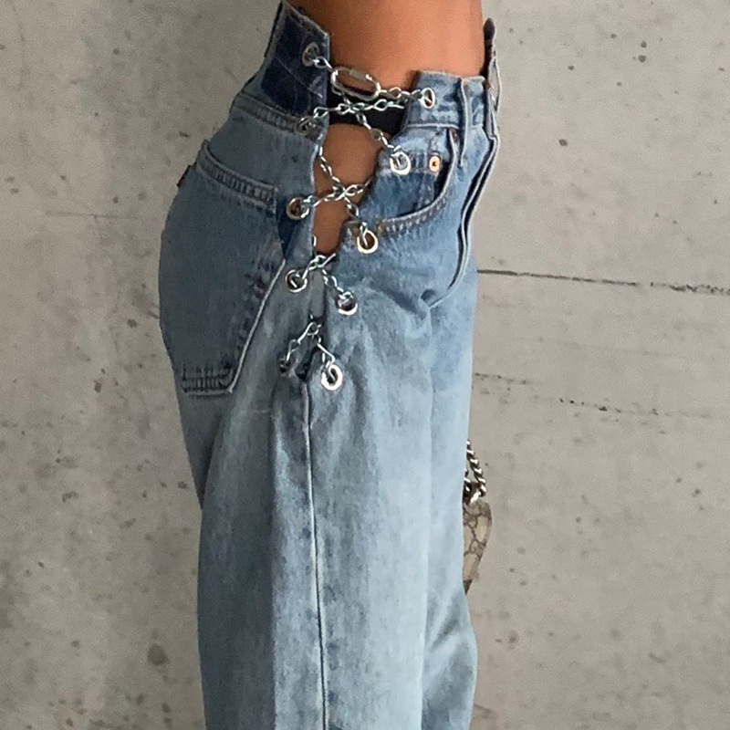 

Sexy Hollow High Waist Denim Pants Women 2020 Summer Autumn Straight Trousers Women Casual Metal Chain Streetwear Jeans Pants, Light blue shorts