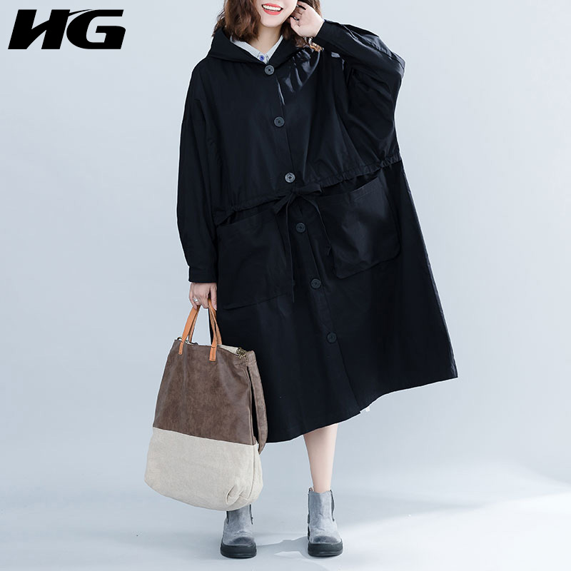 

HG Black Plus Size Trench Coat Women Hooded Collar Single Breasted Loose Leisure Simple 2019 Autumn Winter Coat Female ZYQ1489