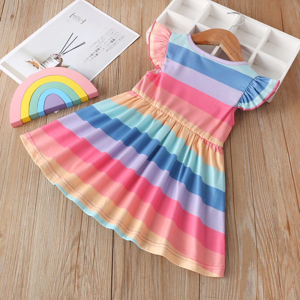 

New Girls Dresses kids Rainbow Princess Dress Baby Girls Clothes 2020 Summer Children Colorful Stripe Falbala Fly Sleeve Dress, As photo