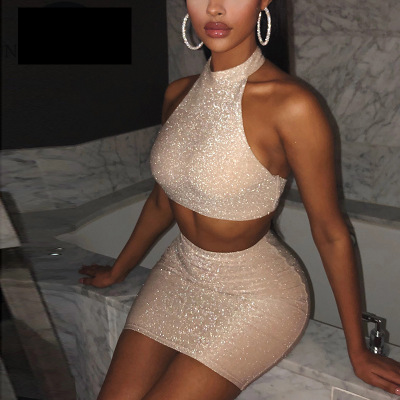 

Party Sexy Dress Womens Fashion Hanging Neck Exposed Backpack Hip Two-piece Sets Women Blingbling Summer Dress Short Top + Skirt, Pink