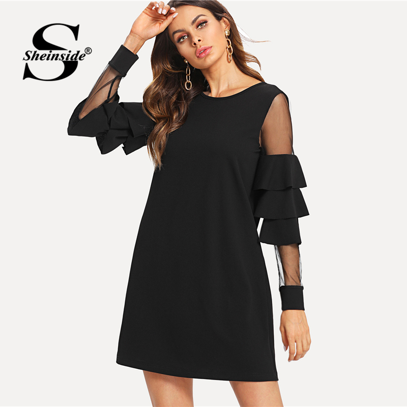 

Casual Dresses Ruffle Sleeve Black A Line Work Dress Round Neck Contrast Mesh Tiered Layer Straight Women Fall Elegant Mini