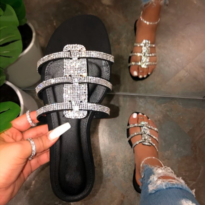 

2020 Summer Women Flat Crystal Slippers Ladies Sweet Girl Elegant Woman Sandals Fashion Beach Outdoor Slides New Slippers Women, Black