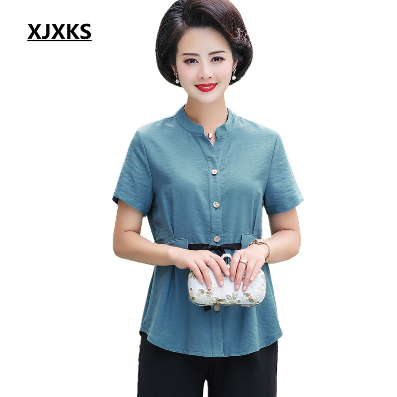 

XJXKS 2019 summer new fashion V-neck short-sleeved belt women's shirt comfortable linen high-quality blouse women's top, Blue