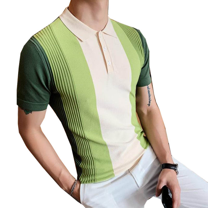 2020 new Gradual Change Color Men's Knitted Shirt Short-sleeved Tops Striped Turn Down Collar Business Men Shirt