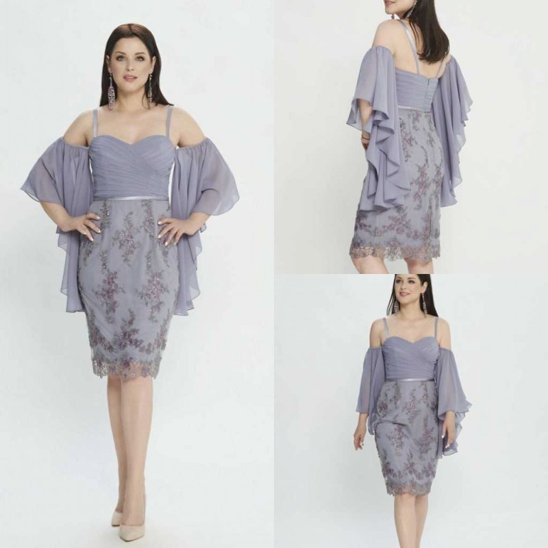 

2020 Lavender Mother Of The Bride Dresses Lace Appliqued Knee Length Jewel Neck Wedding Guest Dress Spaghetti Prom Gowns Party Wear