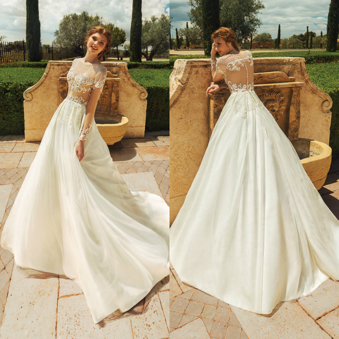 

2020 Lace Wedding Dresses Jewel Long Sleeves Lace Appliques Bridal Gowns Button Back Sweep Train A Line Wedding Dress Robe De Mariee, Ivory