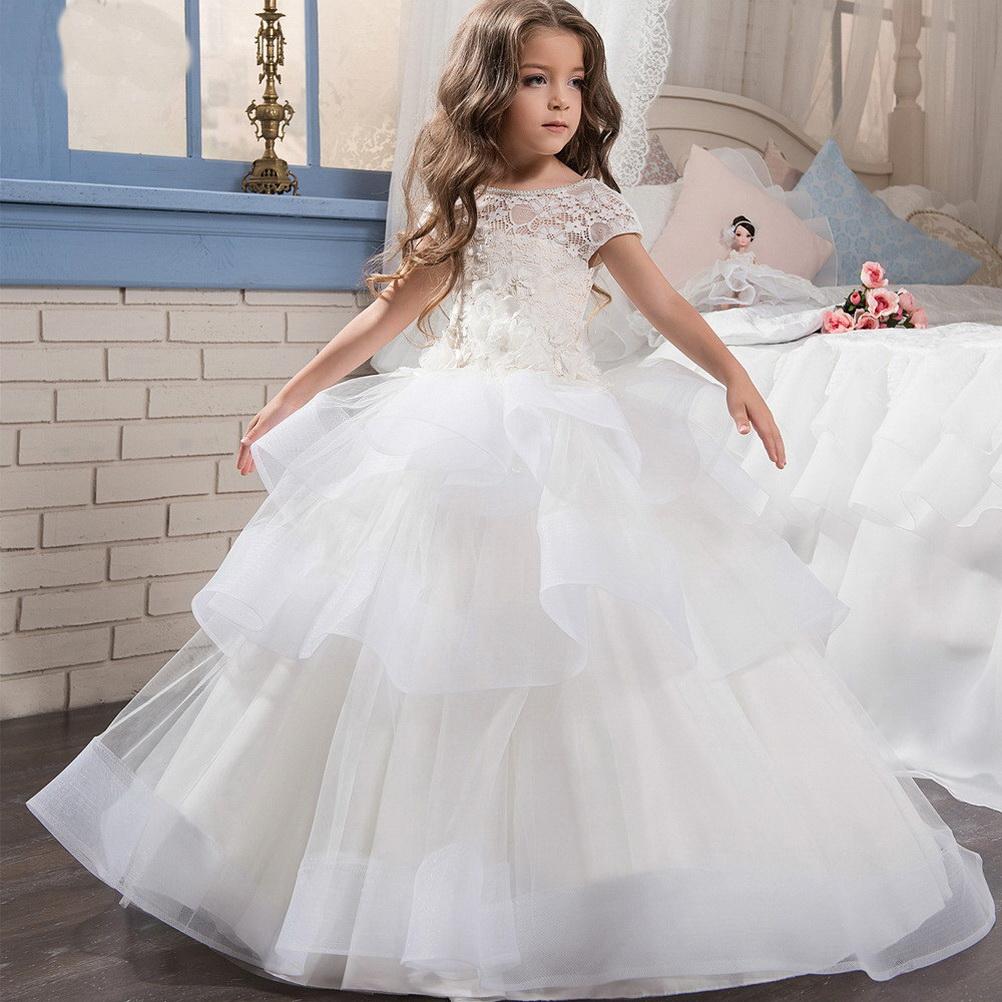 

2020 Hot Cheap White ivory Flower Girl Dress Trailer Puffy Wedding party Dress Girl First Communion Eucharist Attended Princess Lace, Royal blue