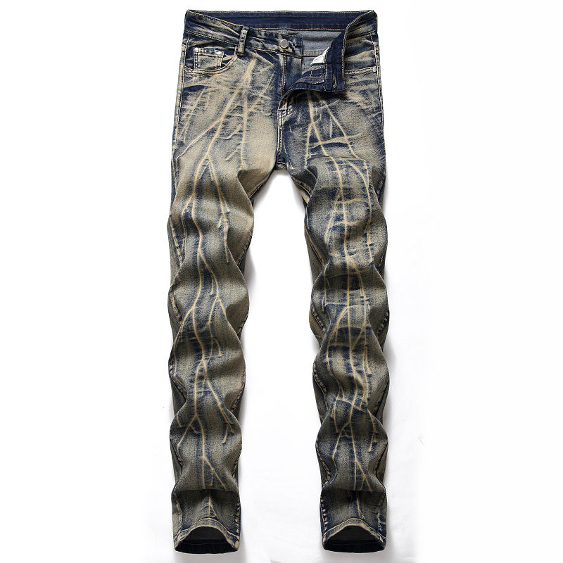 

Men elastic blue jeans long new fashion pleated old jeans nostalgic white denim pants large size for man, 917-2