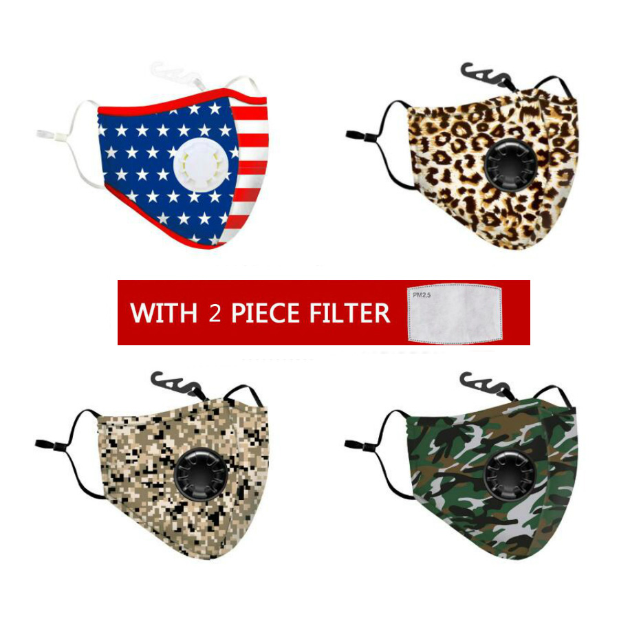 Fashion Leopard camouflage Cotton Face Masks with Breath Valve PM2.5 Mouth Mask Anti-Dust Reusable fabric mask with 2 filters inside-image-539194922