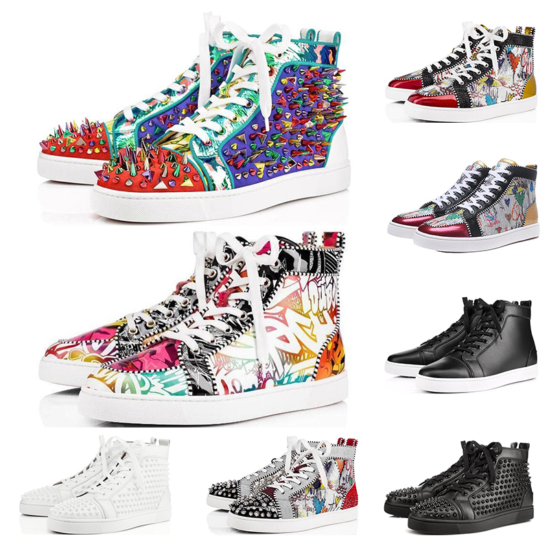 

2020 High-Quality 2019 Designer Red Bottoms shoes for Men and Women multicolor black Flat bottom flash Casual vintage spikes rivet Sneaker