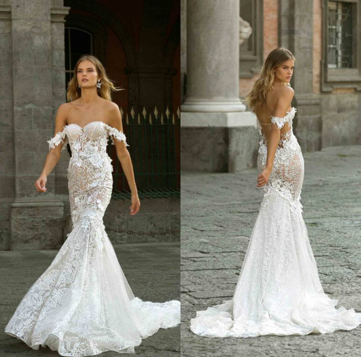

Berta Mermaid Wedding Dresses 2020 Lace Off The Shoulder 3D Floral Appliques Trumpet Bridal Gowns Custom Made Wedding Dress Robes De Mariée, Royal blue