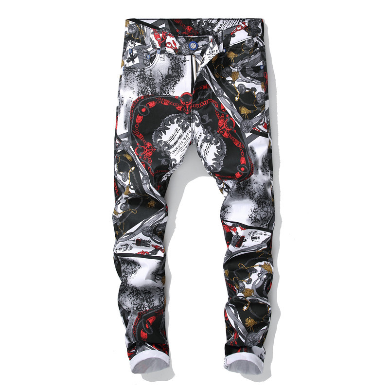 

European Floral Chain 3D Print Jeans Men's Trendy White Black Colored Drawing Stretch Denim Pants Fashion Slim Fit Streetwear
