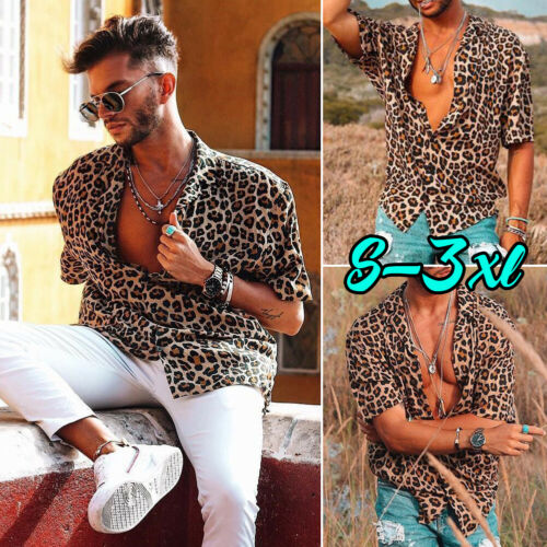 

Men' Leopard Buttoned Shirt Fashion Summer Short Sleeve Plus size Casual Shirts, As pic