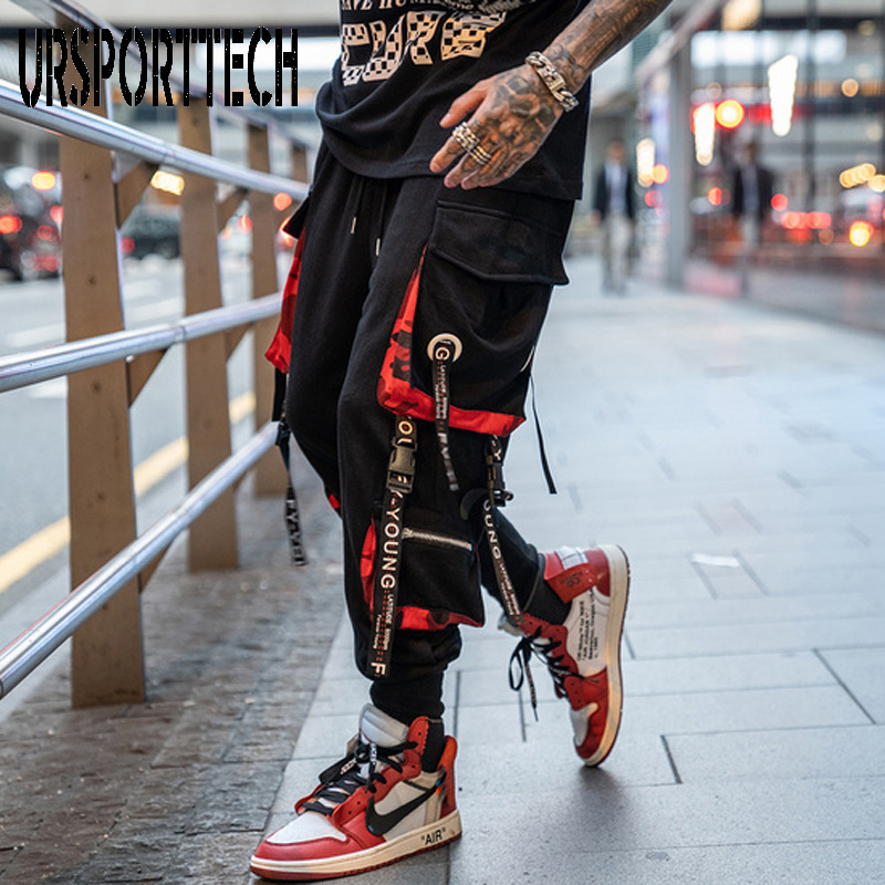 

Hip Hop Joggers Men Letter Ribbons Cargo Pants Pockets Track Tactical Casual Techwear Male Trousers Sweatpants Sport Streetwear, Black pants