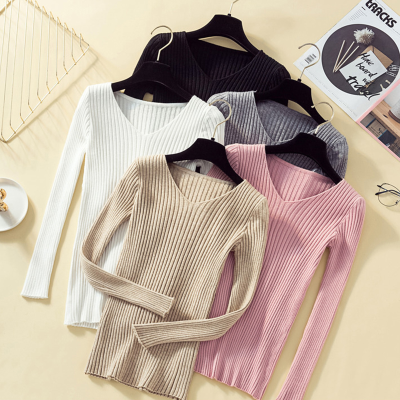 

Shintimes 2019 Autumn Winter Pullover Basic Sweater Women Elastic Long Sleeve Sweaters Women V Neck Rib Knitted Pull Femme, Gray
