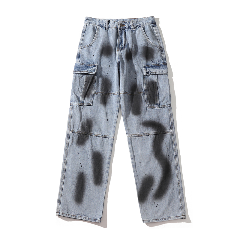 

EWQ / men' wear Streetwear vintage loose jeans spray paint splash ink large pocket straight denim trousers for male 2020 9Y1898, Blue