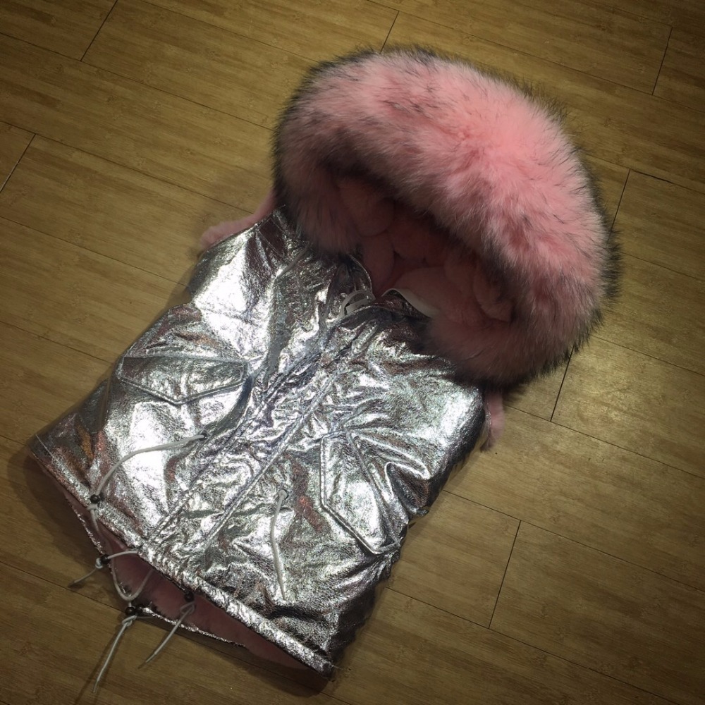 

Vest Christmas Sliver Leather Short Winter Pink Fur Collar Natural Furs Thickness Faux Fur Lined Waistcoat, Silver