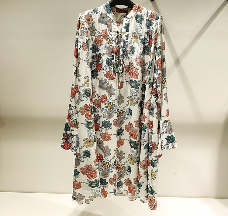 

Woman Floral Print Viscose Mini dress V-neck with tied Long Sleeves Flared cuffs Oversized DRESS, Multi