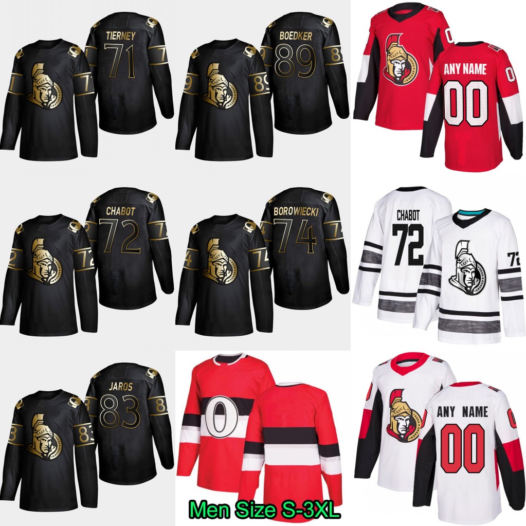 

89 Mikkel Boedker 2019 Gold Black Ottawa Senators 83 Christian Jaros 74 Mark Borowiecki 72 Thomas Chabot 71 Ben Harpur Craig Anderson Jersey, 2019 gold black men: size s-3xl
