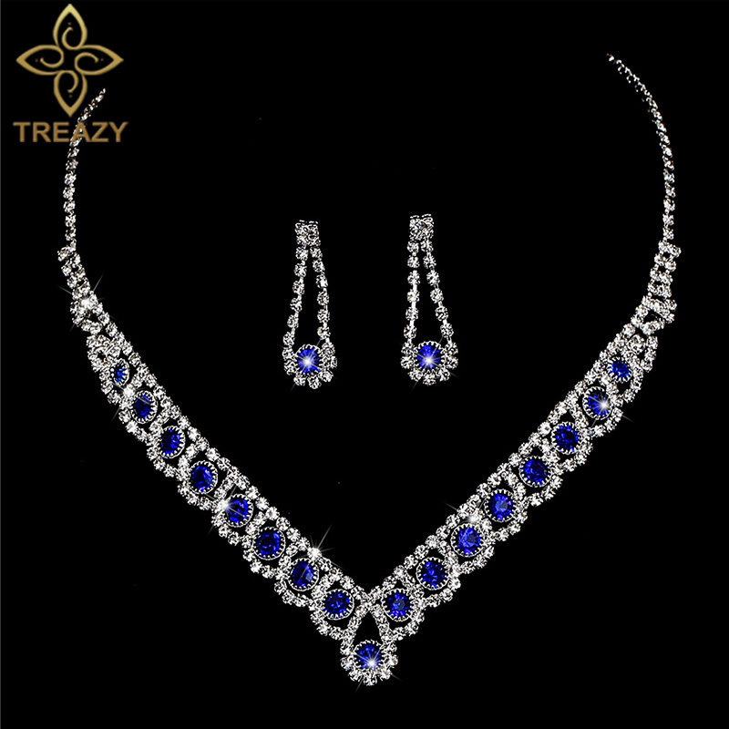 

TREAZY 2019 New Royal Blue Crystal Bridal Jewelry Sets Rhinestone Statement Choker Necklace Earrings Women Wedding Jewelry Sets, Silver