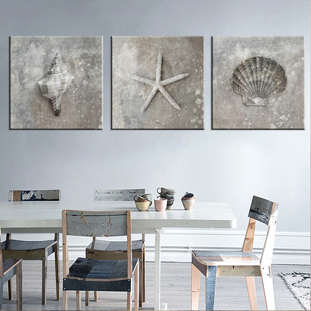 

Vintage Shell Wall Art Painting, Grey Retro Giclee Art Prints Sea Shell Canvas Poster Set of 3