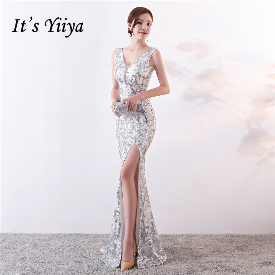 

It's Yiiya Evening dresses Sequined V-neck Zipper back Mermaid Party Gowns Royal Backless Floor-length Trumpet Prom dresses C181, Black