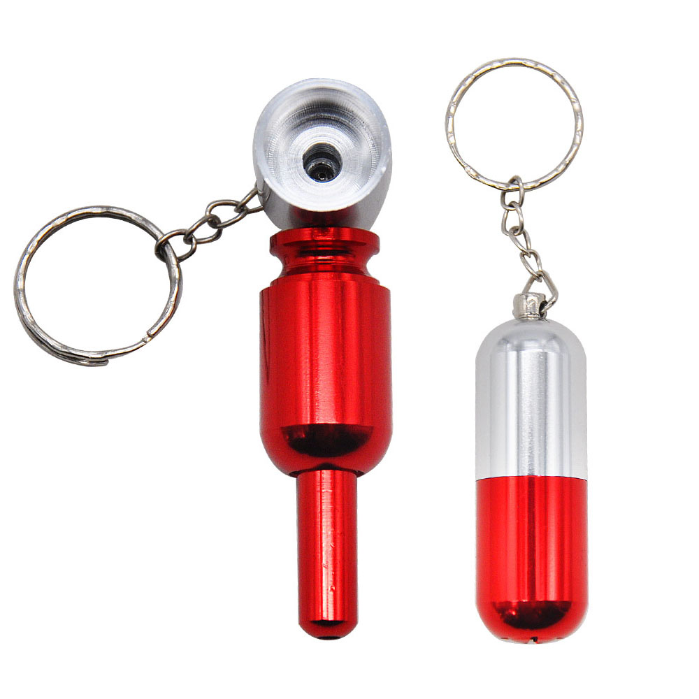 

Pill Style Aluminum Smoking Herb Pipe 72MM Metal Bowl Metal Tobacco Herb Pipes Mini Hand Spoon Pipe Accessories Key chain Ring Suit Grinder
