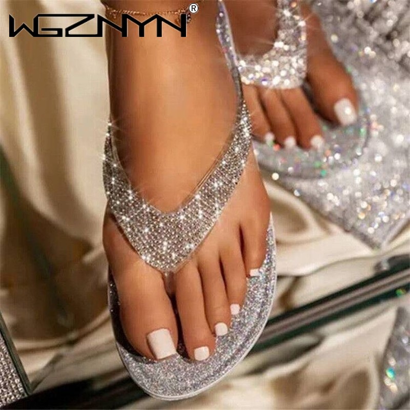 

WGZNYN 2020 Women Flip Flop Slippers Slides Bling Rhinestone Ladies Shoes Casual Summer Flat Female Crystal Glitter Woman 35-43, Black