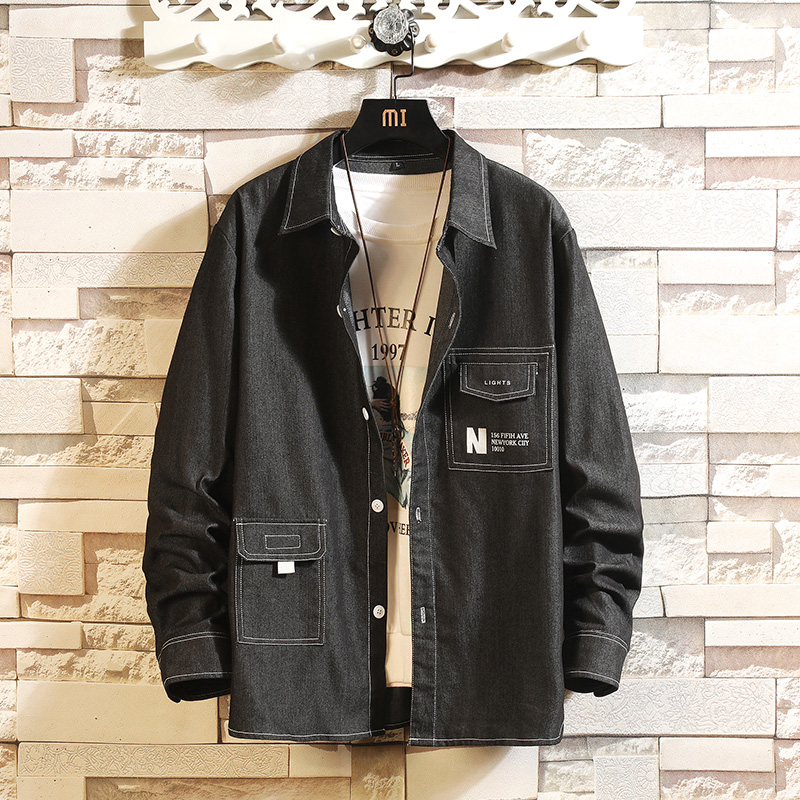 

Denim Men's Shirt Letters Printed Pocket Design Loose Comfortable Casual Denim Shirt Men's-Blue Men's Wear -4XL Spring New, Black