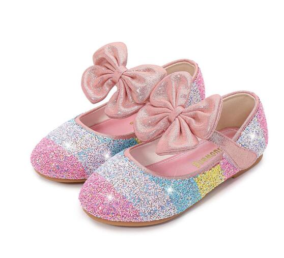 

Sweet Girls Princess Shoes New Bowknot Children Princess Sequins Flat Heels Dancing Kids dress Shoes size 24-37, Picture color
