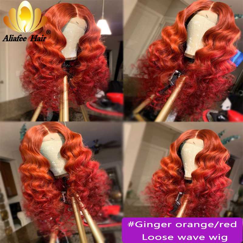 

Loose Wave Wig Orange/Red Ombre Colored 13x4 Lace Front Wigs Remy Glueless 100% Curly Human Hair Wig 150% Density With Baby Hair, Ginger orange red