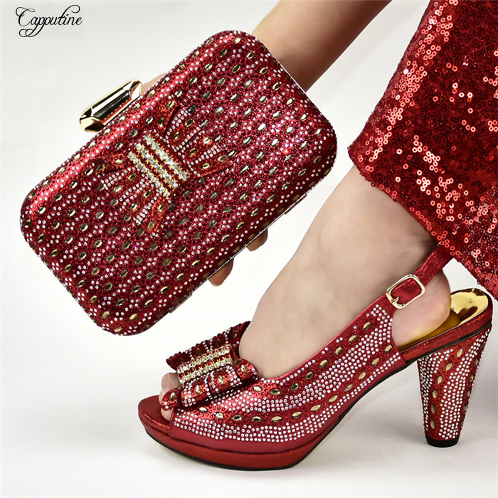 

Beautiful red wedding/party African high heel shoes and purse bag sets with rhinestones 688-19, heel height 10.5cm, Sky blue