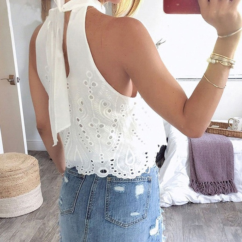 

Summer Women T Shirt Casual Halter Harajuku Women sleeveless Tshirt Tops Tees Female Hollow Out T-Shirts Camiseta Tops, White