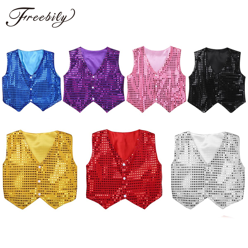 

Children Shining Clothing Boys Girls Choir Students Performance Costumes Kids Hip-hop Jazz Dance Sequined Vest Stage Dance Wear, Silver