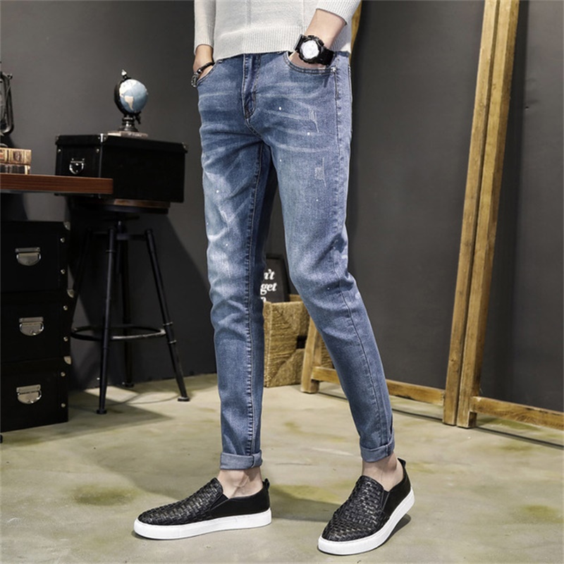 

Free Shipping 2020 Four Seasons New Men's Small Feet Jeans Slim Stretch Paint Dot Small Pencil Pants, Black