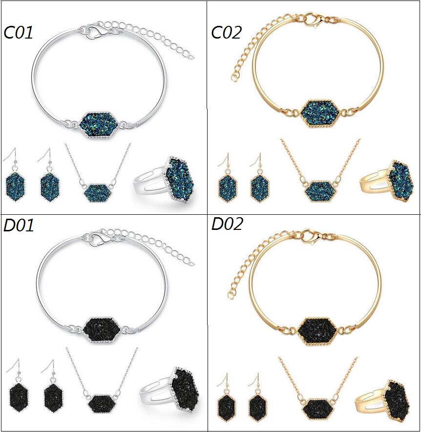 

Wholesale- Druzy Drusy Jewelry Sets Popular Faux Stone Turquoise Bracelet Earrings Necklace & Ring For Women Lady Jewelry, B01