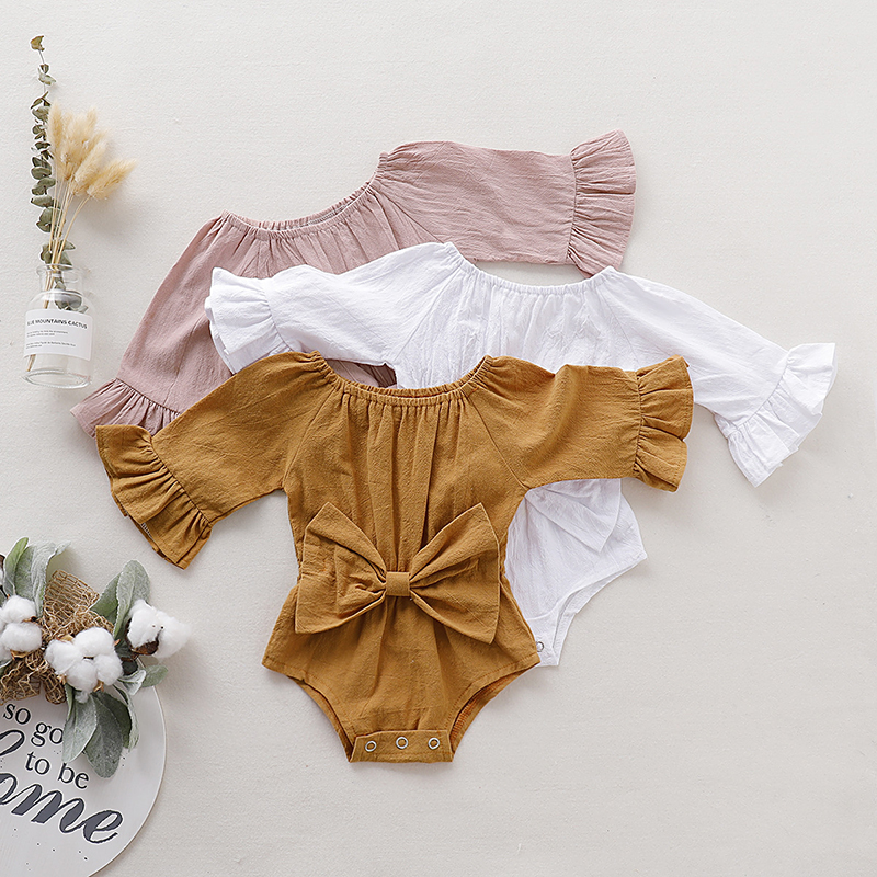 

kids Rompers girls boys Solid romper newborn infant Bow Bell sleeve Jumpsuits Spring autumn baby Climbing clothing C2180, Remark color