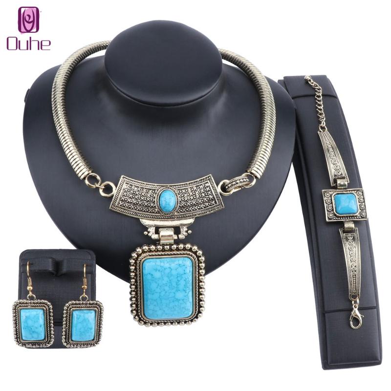 

Antique Gold Color Square Gem Stone Pendant Vintage Statement Choker Collar Necklace Earring Bracelet Jewelry Set, As pic