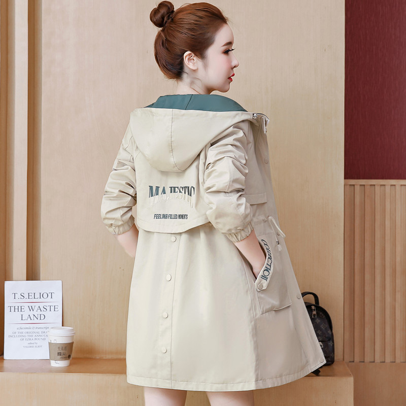 

2020 New Spring Hooded Trench Coat Women Drawstring Slim Mid-long Female Windbreaker Embroidery Button Loose Casual Outwear Coat, Beige