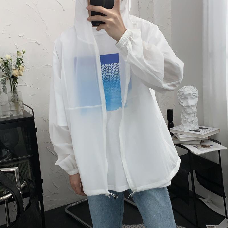 

EWQ / men' wear summer white hooded air-conditioned thin coat oversize long sleeve zipper jacket Sunscreen clothes 2020 9Y2641