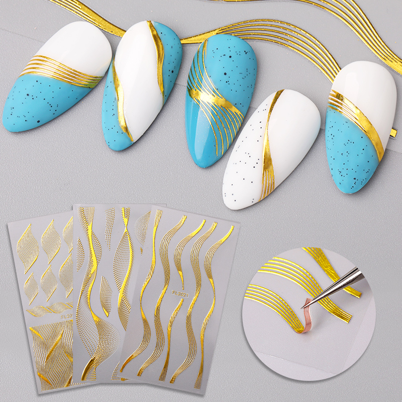 

1PC 3D Gold Nail Sticker With Geometric Wave Line Crack Dot Pattern Nail Art Adhesive Sticker Decals Decoration For Manicuring, 25 water decals